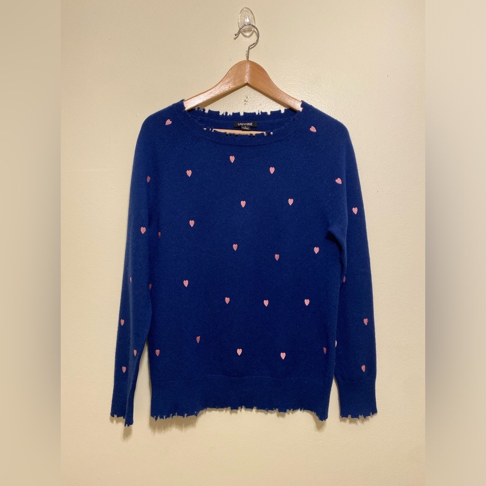 UNWINE Cashmere Navy Crewneck Sweater with Pink Heart Motif. Size S